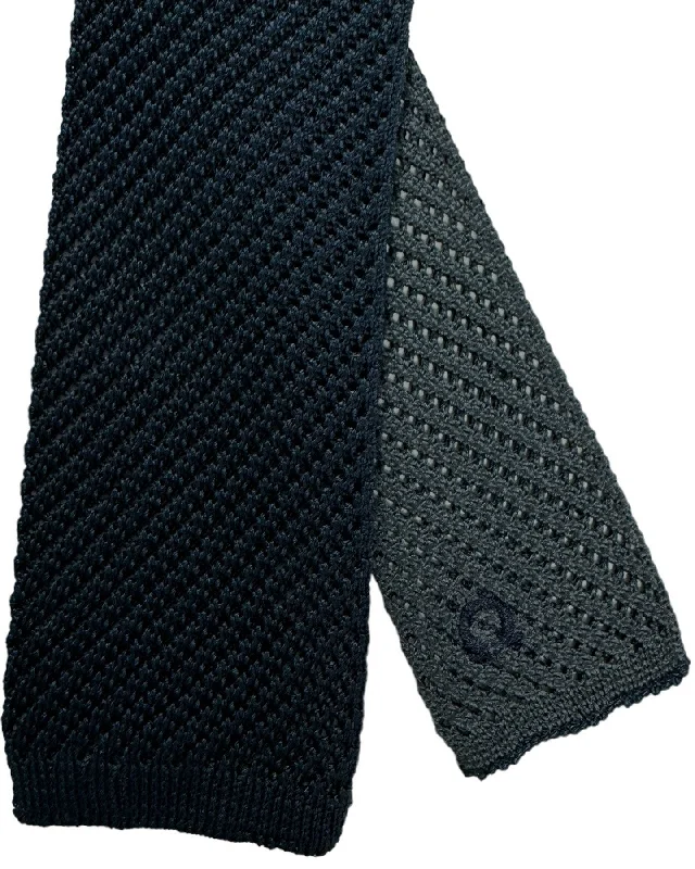 Men's tie for luxury events-Salvatore Ferragamo Tie Navy Charcoal Gray Knitted Square End Tie - 2 Sided