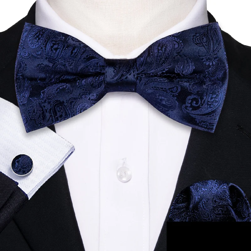 Classic men's tie for formal workwear-Salvia Blue Paisley Silk Bow Tie Hanky Cufflinks Set