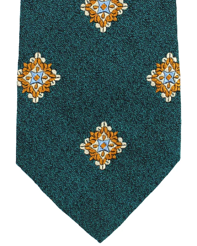 Men's tie with vibrant floral accents for formal gatherings-Sartorio Sevenfold Tie Dark Turquoise Brown Medallions FINAL SALE