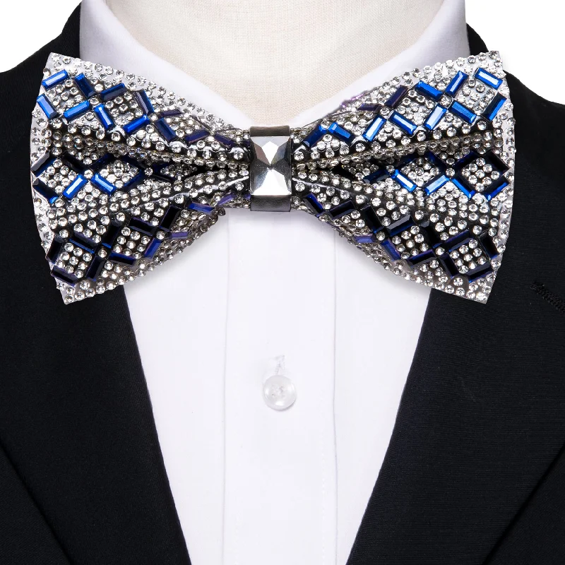 Stylish men's tie with vibrant patterns for special events-Shining Blue White Plaid Rhinestones Pre-tied Bowties Fashion For Wedding Party