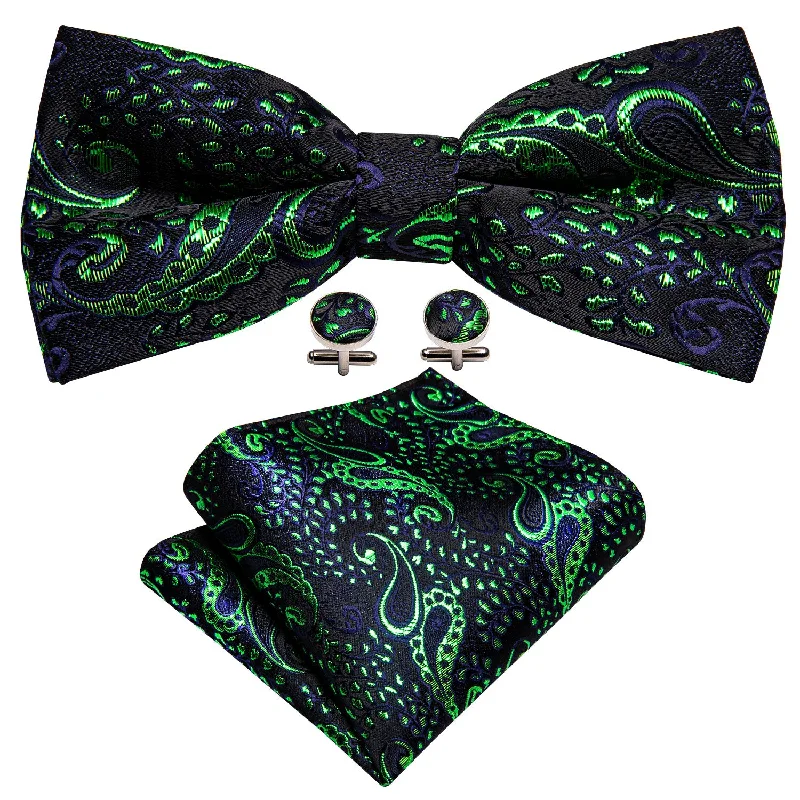 Men's tie for summer weddings with elegant print-Shining Green Blue Paisley Pre-tied Bow Tie Hanky Cufflinks Set