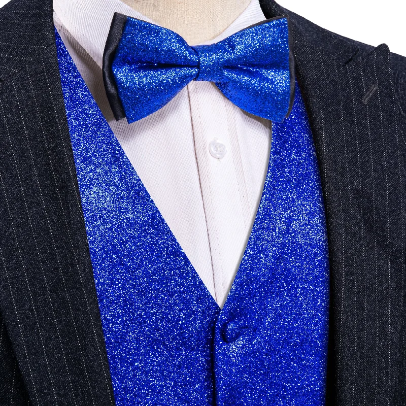 Stylish men's tie with subtle print for a refined look-Barry Wang Men's Sapphire Blue Solid Silk Bowtie V-Neck Waistcoat Set