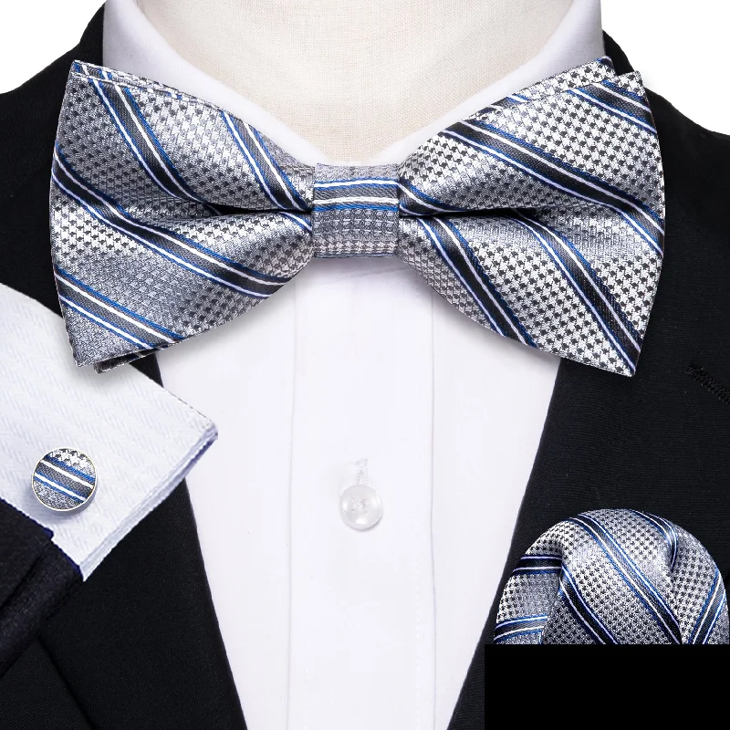 Men's tie with solid patterns for modern business attire-Silver Blue Striped Bow Tie