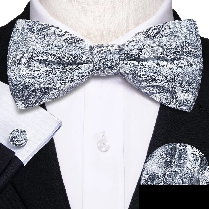 Men's tie with subtle accents for a refined look-Silver Paisley Pre-tied Bow Tie Hanky Cufflinks Set