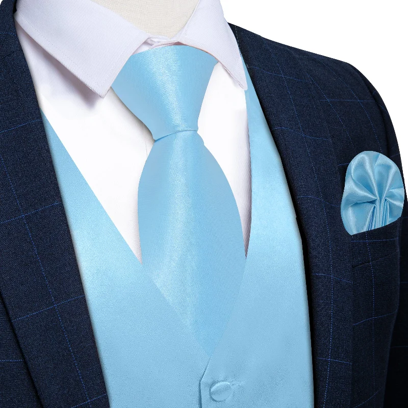 Classic men's tie for formal workwear-Sky Blue Solid Satin Waistcoat Vest Tie Handkerchief Cufflinks Set