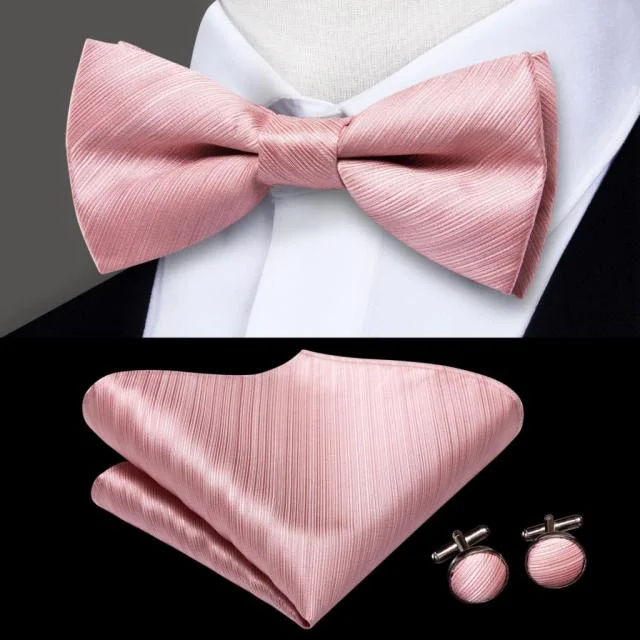 Stylish men's tie for a sleek business appearance-Solid Pink Self-tied Silk Bow Tie Pocket Square Cufflinks Set