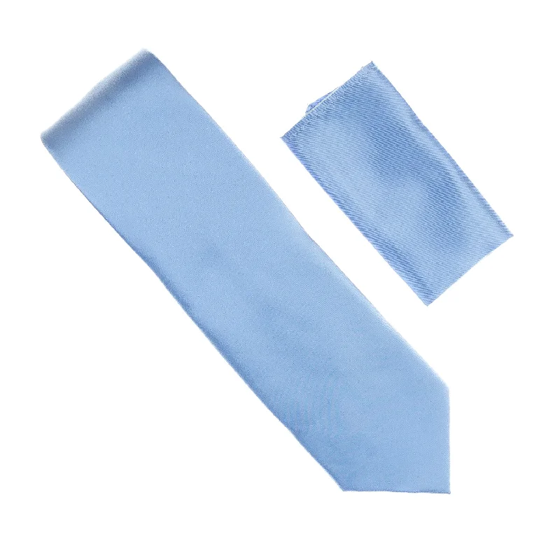 Men's tie with vibrant hues for holiday parties-Baby Blue Satin Finish Silk Necktie with Matching Pocket Square