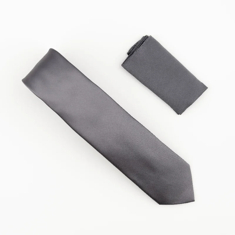 Men's tie for upscale dinner parties-Charcoal Grey Satin Finish Silk Necktie with Matching Pocket Square