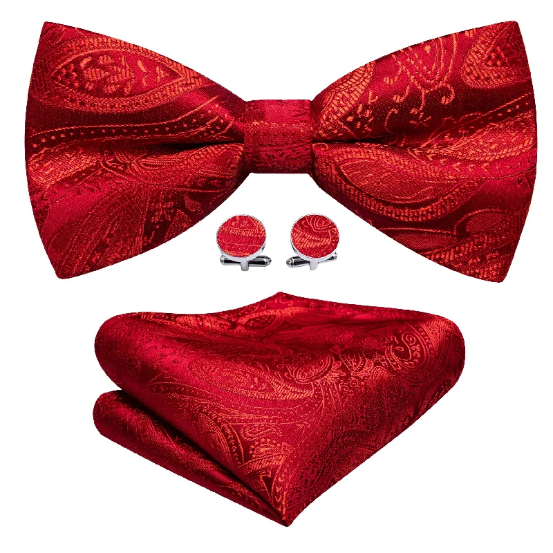 Men's tie with fine fabric texture for formal events-Strong Red Paisley Pre-tied Bow Tie Hanky Cufflinks Set