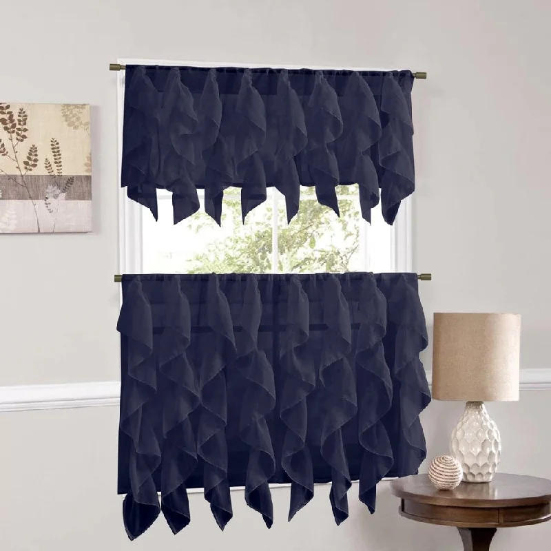 Luxury men's tie for a classic business look-Sweet Home Collection Navy Vertical Ruffled Waterfall Valance and Curtain Tiers