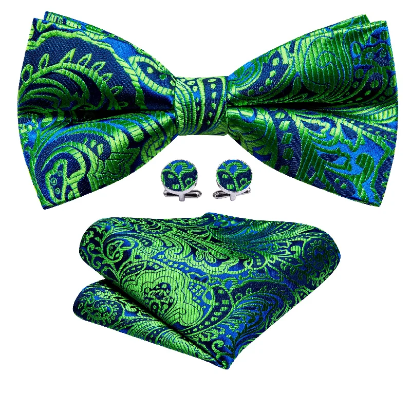 Classic men's tie with light fabric for summer events-Teal Blue Paisley Pre-tied Bow Tie Hanky Cufflinks Set