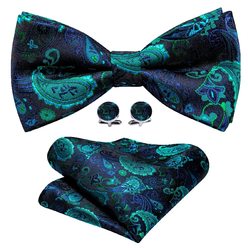 Trendy men's tie with colorful abstract print-Teal Blue Paisley Pre-tied Bow Tie Hanky Cufflinks Set