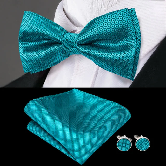 Stylish men's tie with subtle print for a refined look-Teal Solid Blue Green Pre-tied Bow Tie Pocket Square Cufflinks Set