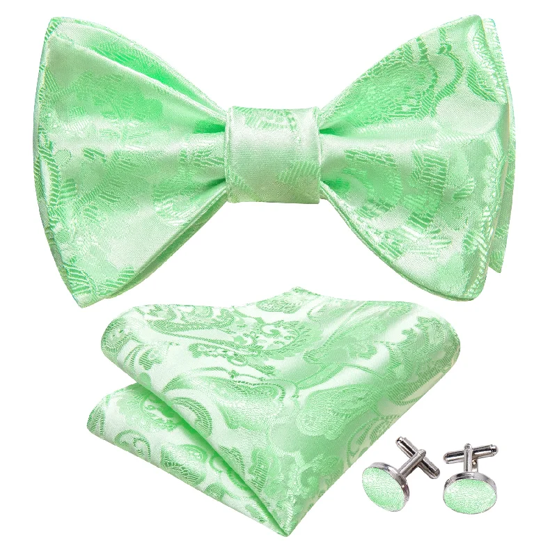 Luxury men's tie for formal business functions-Turquoise Green Paisley Self Tie Bow Tie Hanky Cufflinks Set