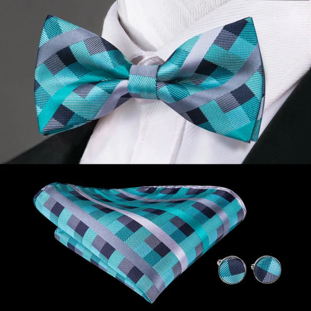 Luxury men's tie for a classic business look-Turquoise Green Plaid Pre-tied Bow Tie Pocket Square Cufflinks Set