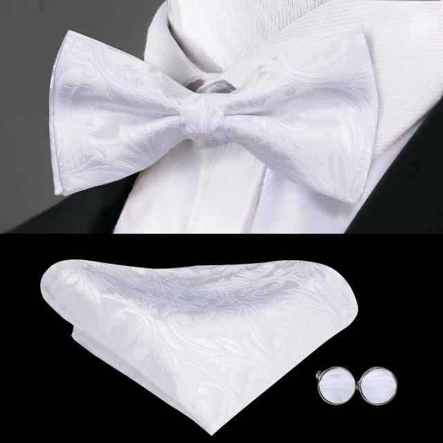 Designer men's tie with premium fabric for weddings-White Floral Pre-tied Bow Tie Pocket Square Cufflinks Set