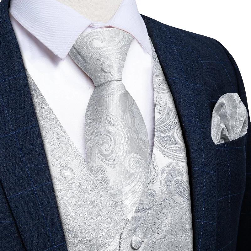 Best men's tie for corporate functions with luxury fabric-White Grey Floral Jacquard Silk Waistcoat Vest Tie Pocket Square Cufflinks Set