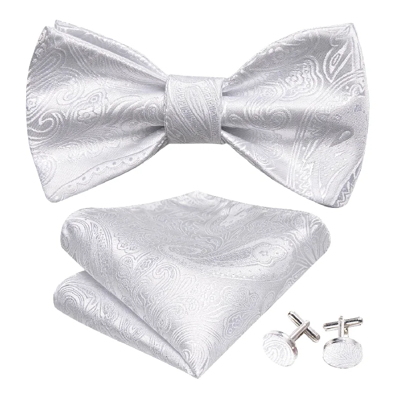 Men's tie with a sophisticated texture for high-end meetings-Barry Wang Wedding Tie White Paisley Men's Bow Tie Hanky Cufflinks Set