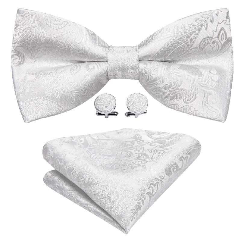 Designer silk tie for elegant office events-Barry Wang White Paisley Pre-tied Men's Bow Tie Hanky Cufflinks Set