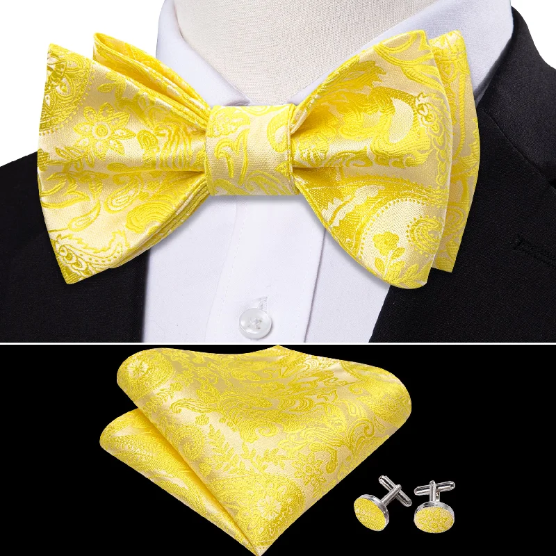 Classic men's tie for sophisticated gatherings with subtle patterns-Barry Wang Light Yellow Ties Paisley Silk Bow Tie Hanky Cufflinks Set