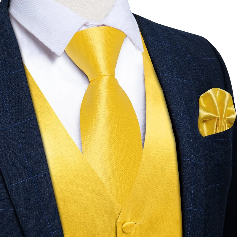 Men's tie for upscale evening events with rich colors-Yellow Solid Satin Waistcoat Vest Tie Handkerchief Cufflinks Set