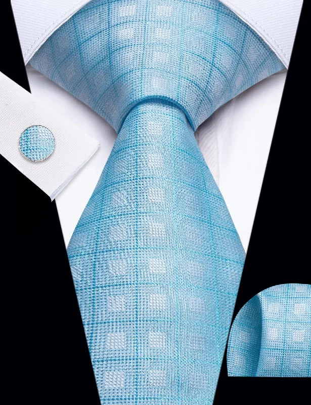 Best tie for men with rich fabric texture for work-YourTies Baby Blue Plaid Pattern Silk Mens Necktie Set