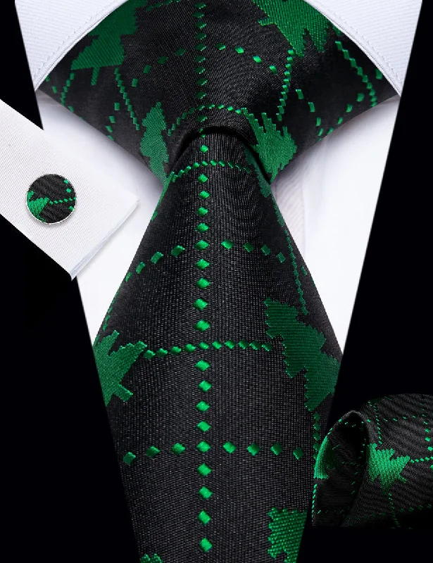 Elegant men's tie with floral print for formal wear-YourTies Black Green Christmas Tree Men's Necktie Pocket Square Cufflinks Set