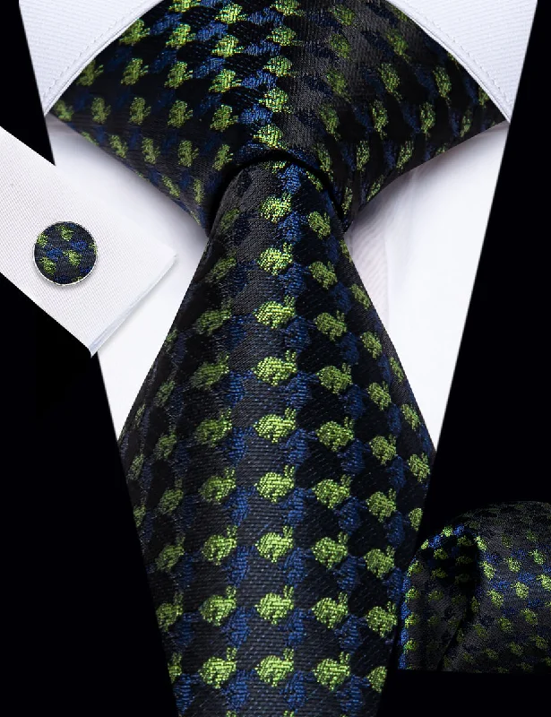 Men's tie for evening office meetings with sharp edges-YourTies Black Necktie Blue Lawn Green Novelty Tie Hanky Cufflinks Set