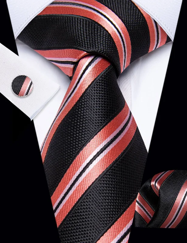 Men's tie with modern art-inspired design for work-YourTies Black Necktie Coral Red Stripes Men's Tie Hanky Cufflinks Set