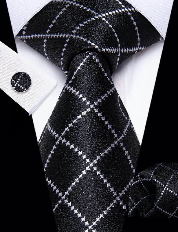 Classic men's tie for upscale gatherings-YourTies Black Necktie Silver Grey Checkered Men's Wedding Tie Set