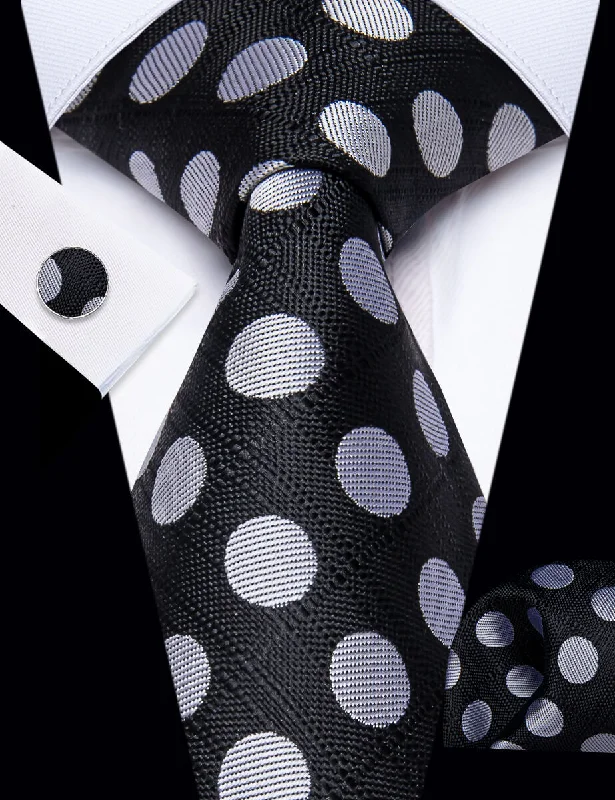 Men's tie with intricate design for upscale dinners-YourTies Black Tie Grey Dots Men's Necktie Handkerchief Cufflinks Set