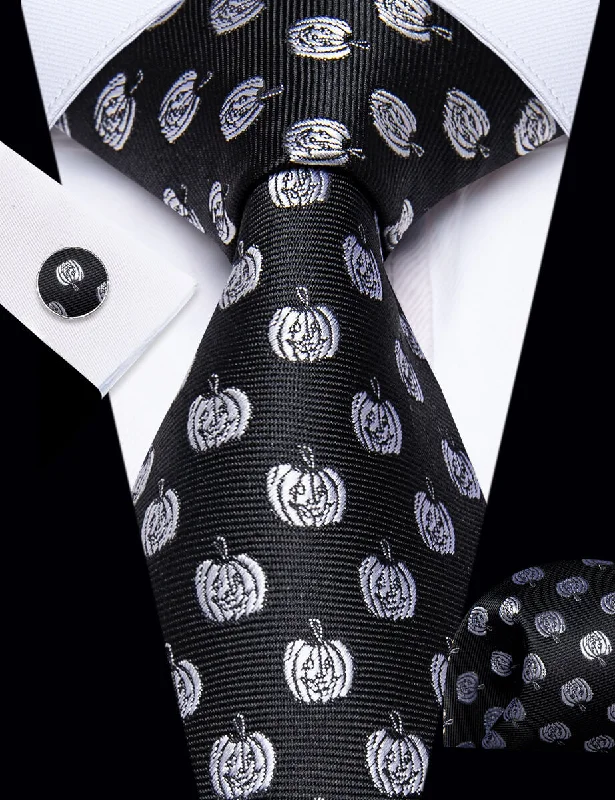 Men's tie with smooth satin finish for luxury occasions-YourTies Black Ties Silver Grey Jacquard Pattern Men's Necktie Set