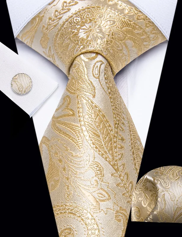 Stylish men's tie for a chic office look-YourTies Blanched Almond Necktie Paisley Mens Tie Hanky Cufflinks Set