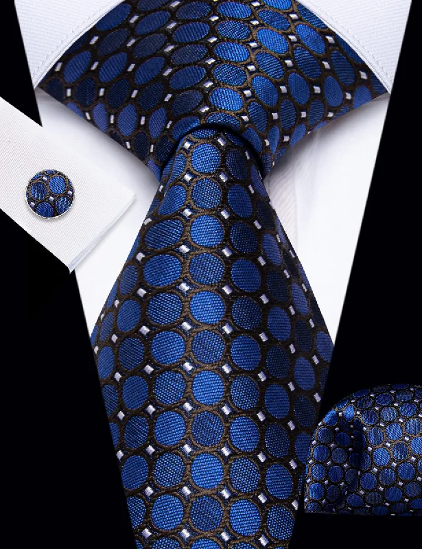 Stylish men's tie with colorful stripes for formal gatherings-YourTies Blue Dots Black White Jacquard Necktie Hanky Cufflinks Set