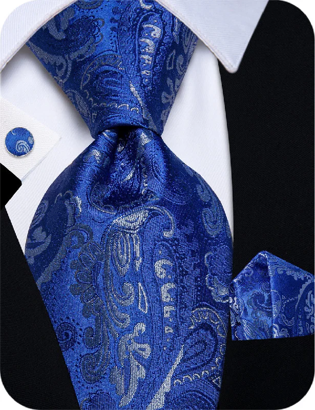 Classic men's tie with deep blue tone for formal wear-YourTiesRoyal Blue Tie Floral Pattern Silk Mens Necktie Set