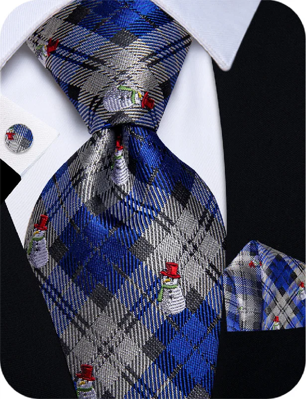 Best men's tie for a formal office dinner event-YourTies Blue Grey Tie Plaid Snowman Christmas Silk Mens Necktie Set