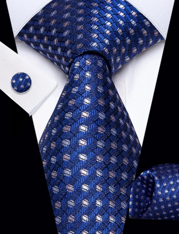 Men's tie with a classic plaid design for work-YourTies Blue Grey Tie Men Silk Geometric Necktie Hanky Cufflinks Set