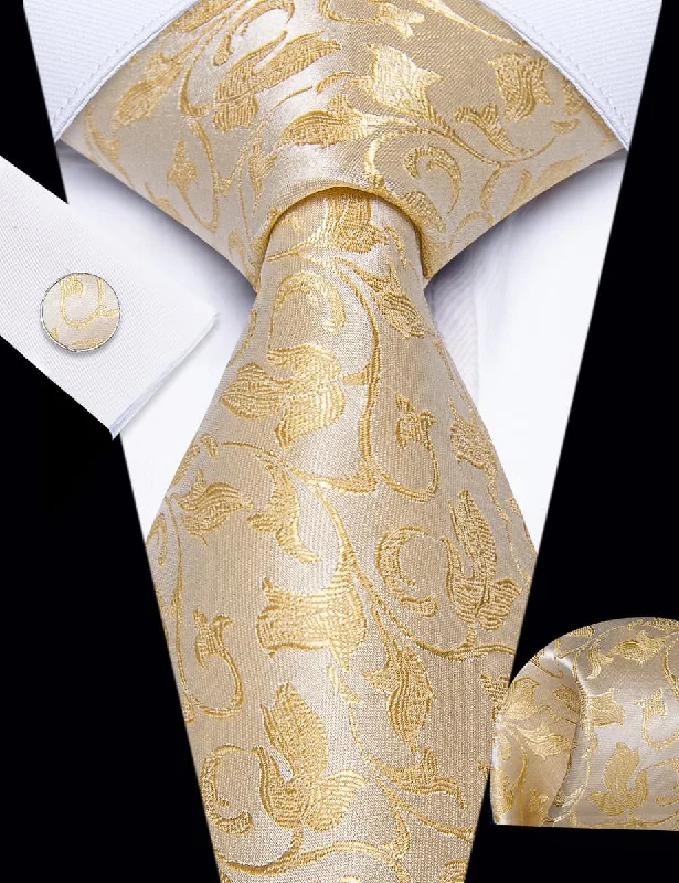 Stylish men's tie with subtle print for a refined look-YourTies Champagne Wedding Tie Floral Men Necktie Hanky Cufflinks Set