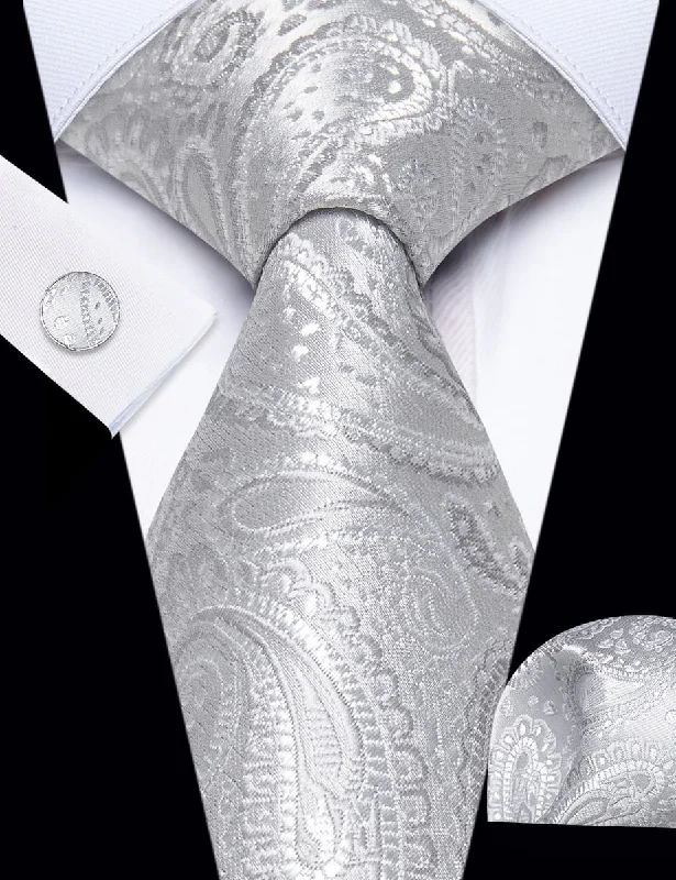 Designer men's tie for upscale social events-YourTies Cloud Grey Neckties Jacquard Paisley Tie Hanky Cufflinks Set