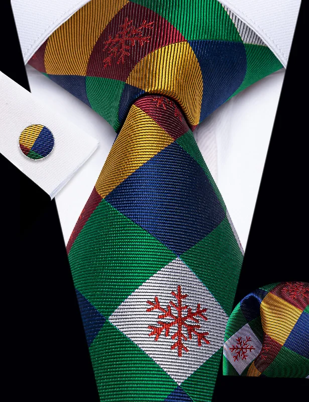 Men's tie for business functions with solid color-YourTies Colorful Geometric Christmas Snowflake Men's Necktie Pocket Square Cufflinks Set