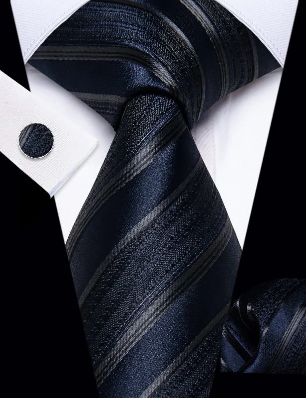 Men's tie for stylish office wear with vibrant hues-YourTies Dark Blue Ties Black Stripes Necktie Hanky Cufflinks Set