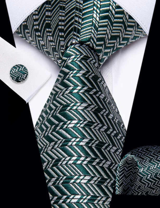 Men's tie with bold contrast colors for weddings-YourTies Dark Green Tie Grey Geometric Tie Handkerchief Cufflinks Set