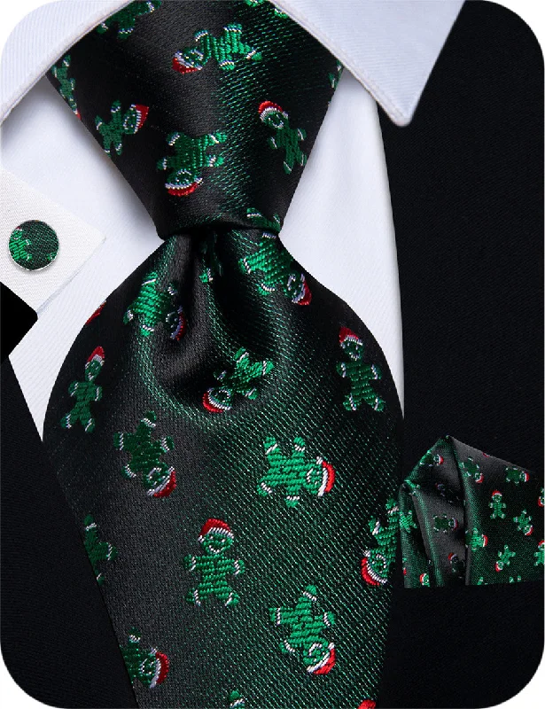 Men's tie with a refined finish for elegant gatherings-YourTies Dark Jungle Green Gingerbread Man Christmas Silk Mens Necktie Set