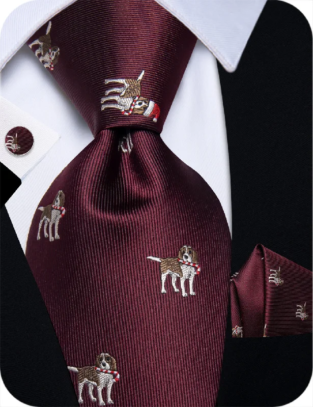 Trendy men's tie with floral motif for weddings-YourTies Dark Red Christmas Necktie Animal Dog Silk Necktie Set