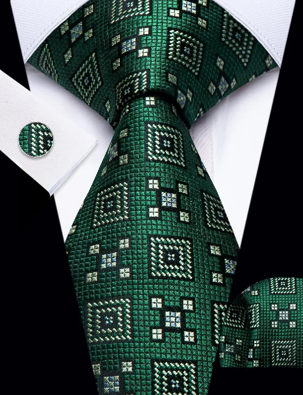 Men's tie for elegant outdoor events with floral patterns-YourTies Dartmouth Green Geometric Pattern Silk Mens Necktie Set