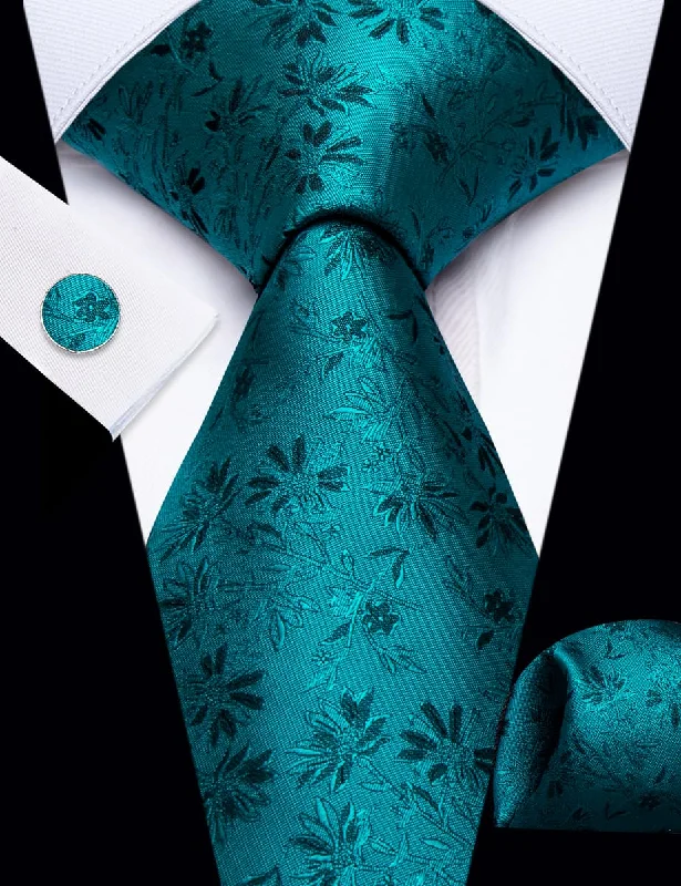 Men's tie for holiday parties with bold colors-YourTies Deep Cyan Floral Pattern Silk Mens Tie Hanky Cufflinks Set