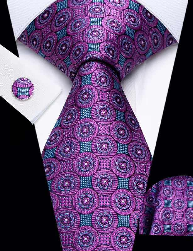 Stylish men's tie with unique color contrasts for formal wear-YourTies Deep Purple Blue Geometric Pattern Silk Mens Necktie Set