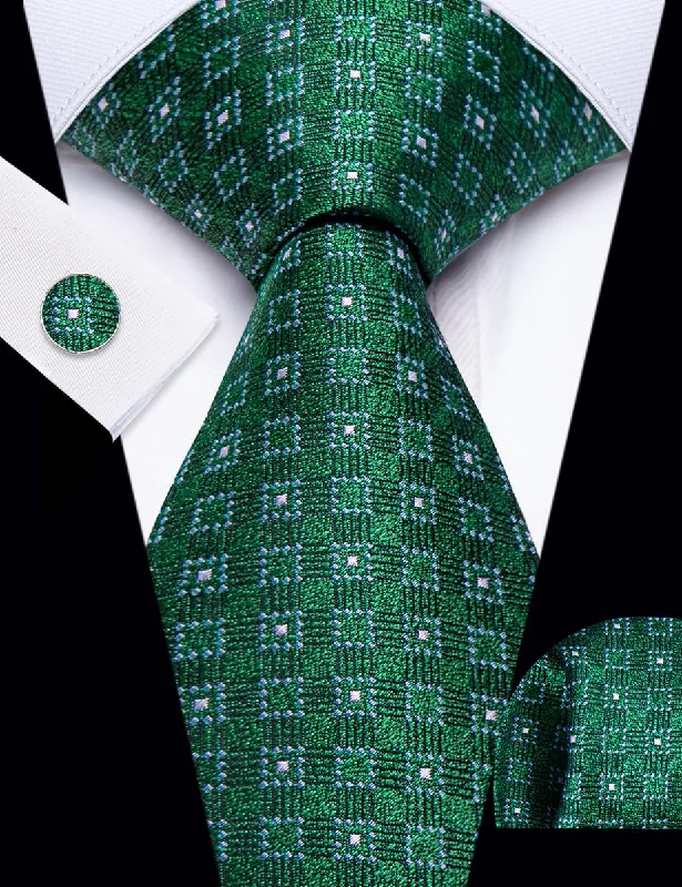 Stylish men's tie with vibrant hues for formal functions-YourTies Emerald Green Plaid Pattern Silk Mens Necktie Set