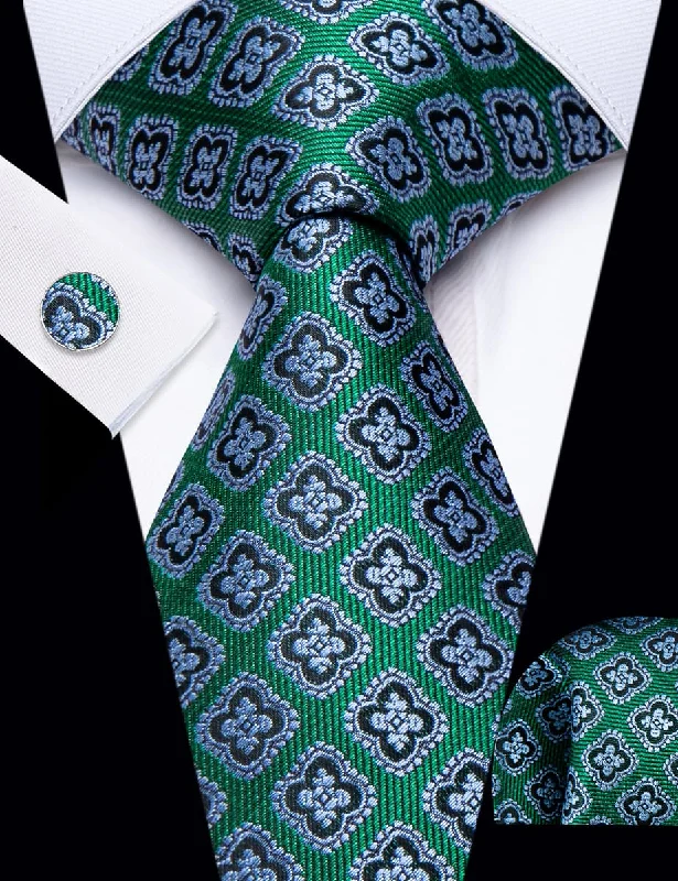 Elegant men's tie with intricate woven design-YourTies Forest Green Black Floral Pattern Silk Mens Necktie Set