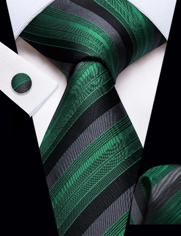 Classic men's tie with thin stripes for business wear-YourTies Green Black Classic Striped Pattern Silk Mens Tie Hanky Cufflinks Set